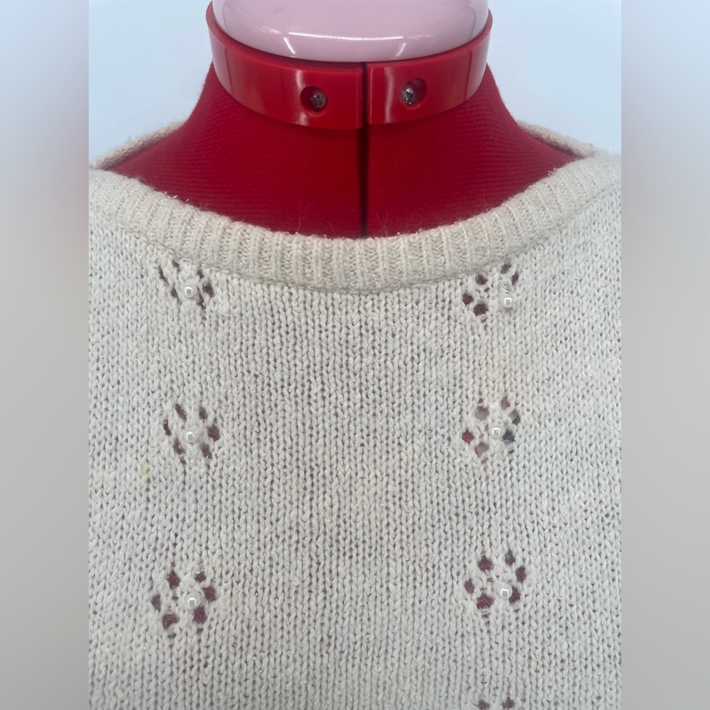 Vintage 80s Silk & Angora Cream Knit Sweater With Floral Cutouts & Pearl Centers - Picture 12 of 15